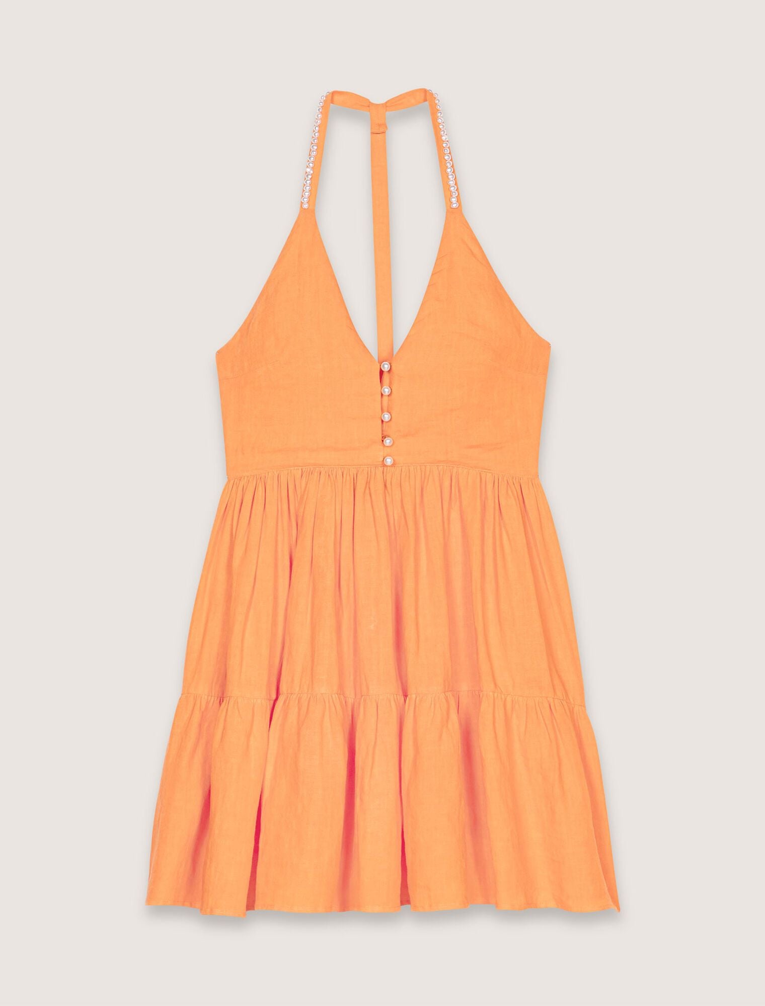 Đầm ngắn linen cổ yếm hở lưng